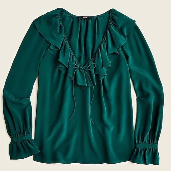 J crew silk ruffleneck top old forest green - Picture 1 of 4